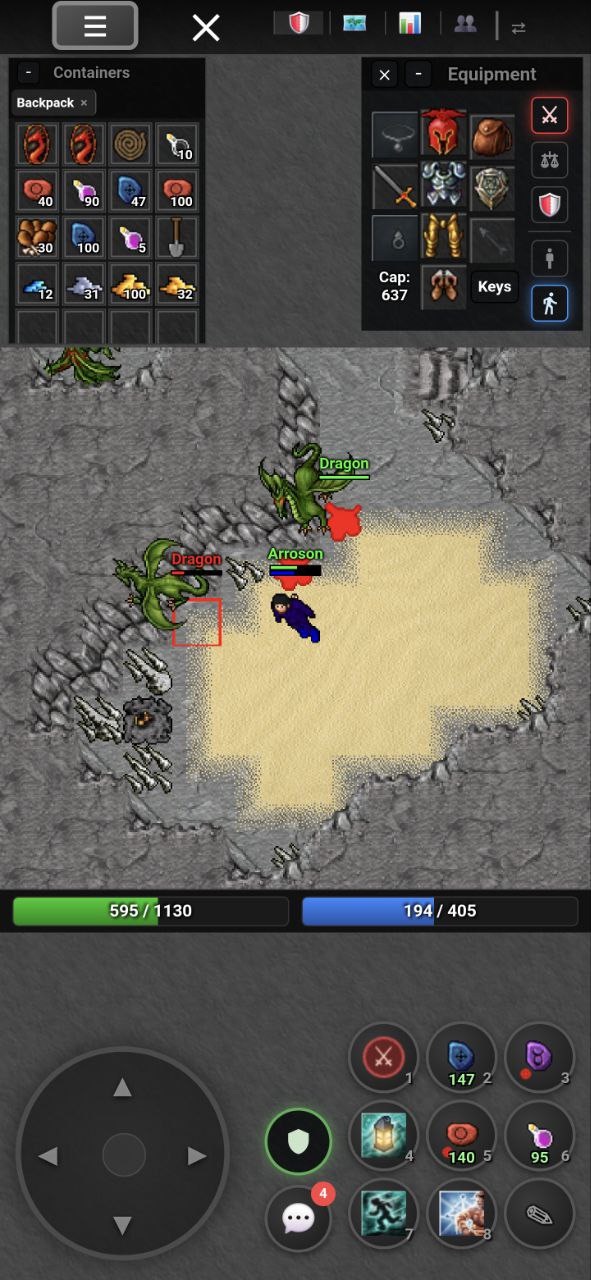 Tibia-style game on a phone in portrait mode: hunting two dragons, with backpack and equipment above the world and a joystick and hotbar below